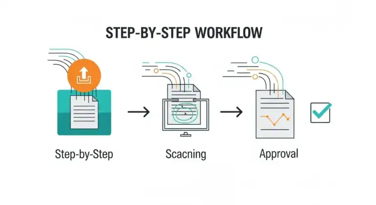 Document workflow: Step-by-step scanning, approval process illustration.